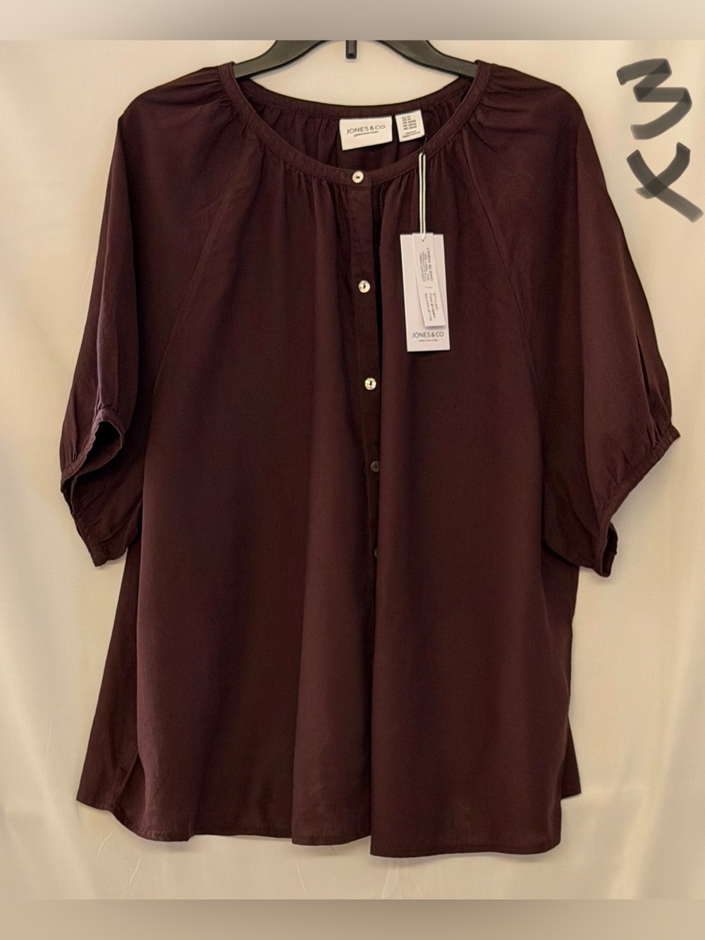 Jones & Co. Women's Plum Button-Down Peasant Blouse